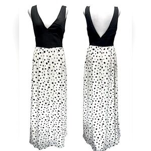 Black Bodice Cream & Black Polka Dot Skirt Maxi Dress V Neck & Back Papier Small
